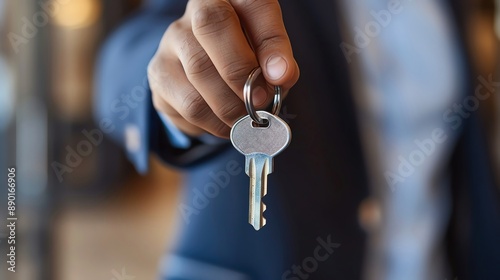 Closeup of a businessmans hand holding a key to a new office, with ample copy space, more clarity with clear light and sharp focus, high detailed