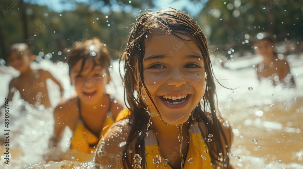 Obraz premium River Rafting. A family enjoying a thrilling river rafting adventure, navigating rapids and laughing together with excitement