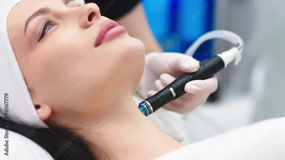 A cosmetologist does a hydrofacial procedure on a woman's face in a modern beauty clinic. Concept of cosmetology, care and healthy skin. A cosmetologist does a hydrofacial procedure on a woman's face in a modern beauty clinic. Concept of cosmetology, care and healthy skin.
