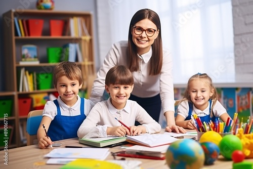 A cheerful female teacher surrounded by a diverse group of smiling young students in a classroom, capturing a positive and joyful learning environment
