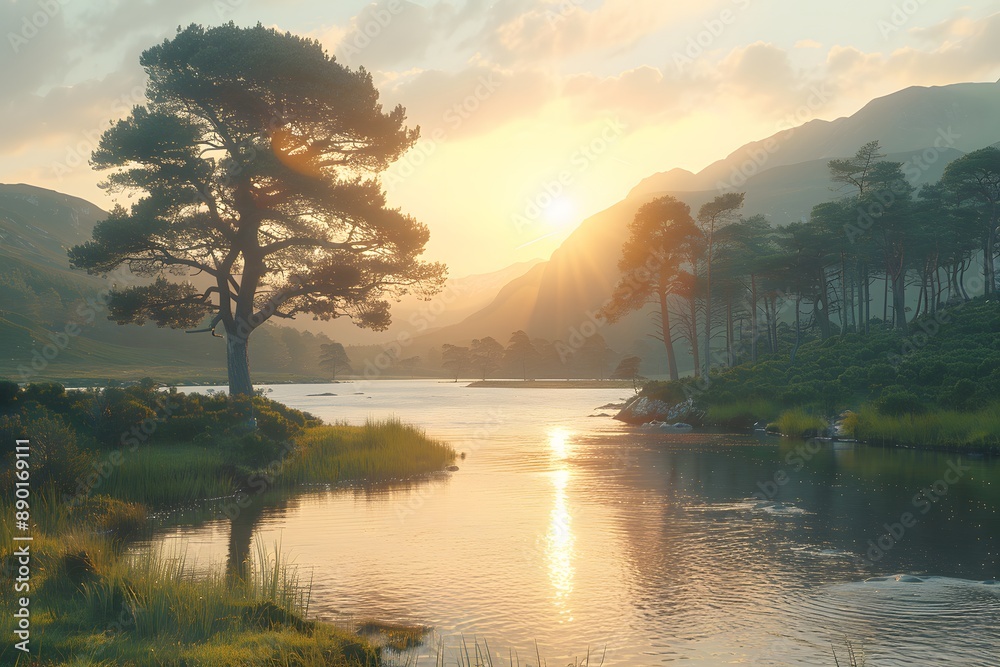 Serene Sunrise over Mountain Lake - Nature Landscape for Calm and Relaxation, Design for Print, Poster Serene Sunrise over Mountain Lake - Nature Landscape for Calm and Relaxation, Design for Print, Poster