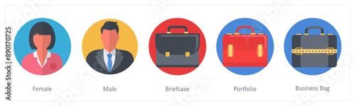 A set of 5 Business icons as female, male, briefcase