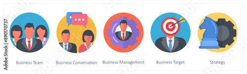 A set of 5 Business icons as business team, business conversation, business management