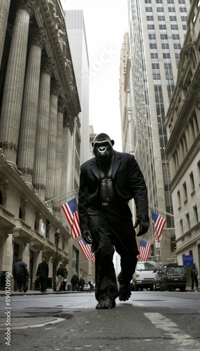 Imposing Gorilla in a Suit Navigates the Bustling Financial District of a Modern Metropolis photo