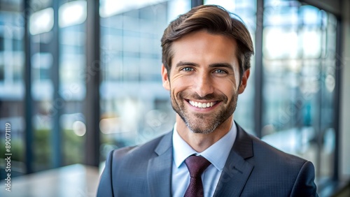 Businessman, closeup and portrait in office with smile for career, investment banker or broker. Male person, joy and workplace with happiness for job at corporate, financial advisor or consultant