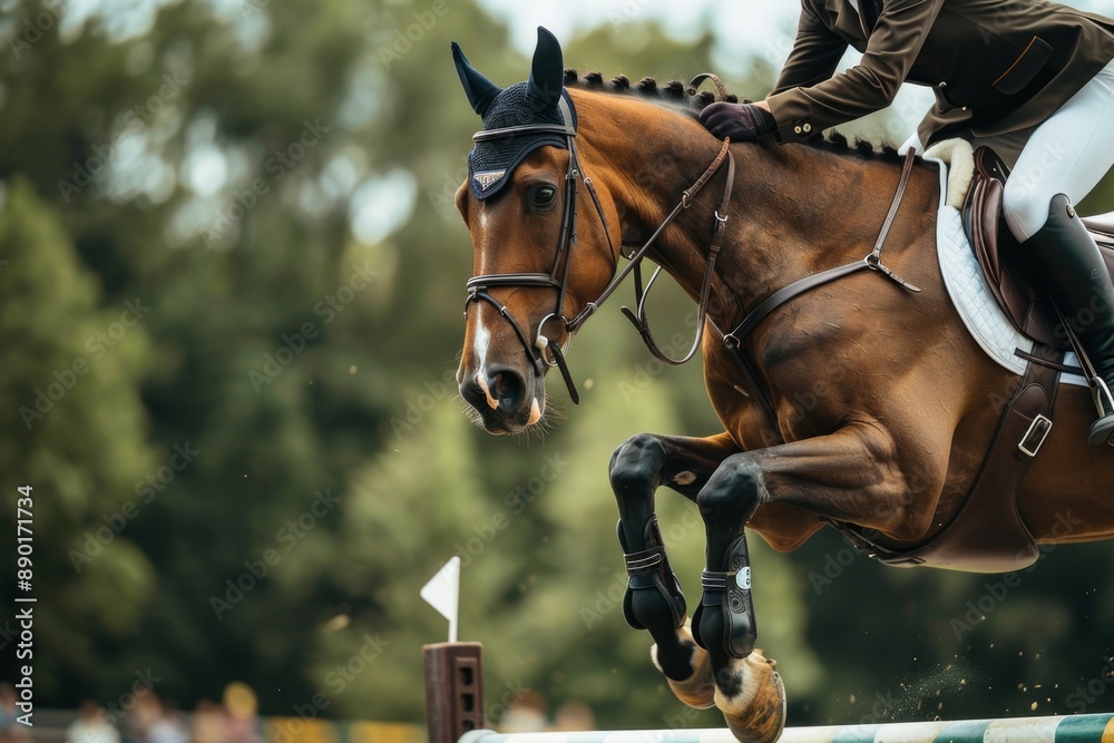 Obraz premium Close-up of a horse and rider during a showjumping event. The energy of the jump captured beautifully. Equestrian sport action in focus. Perfect for sports and animal lovers. Generative AI