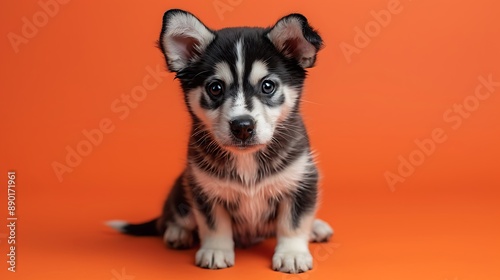 a animal of A cute Giant Alaska puppy sitting on a solid orange background with space above for text 