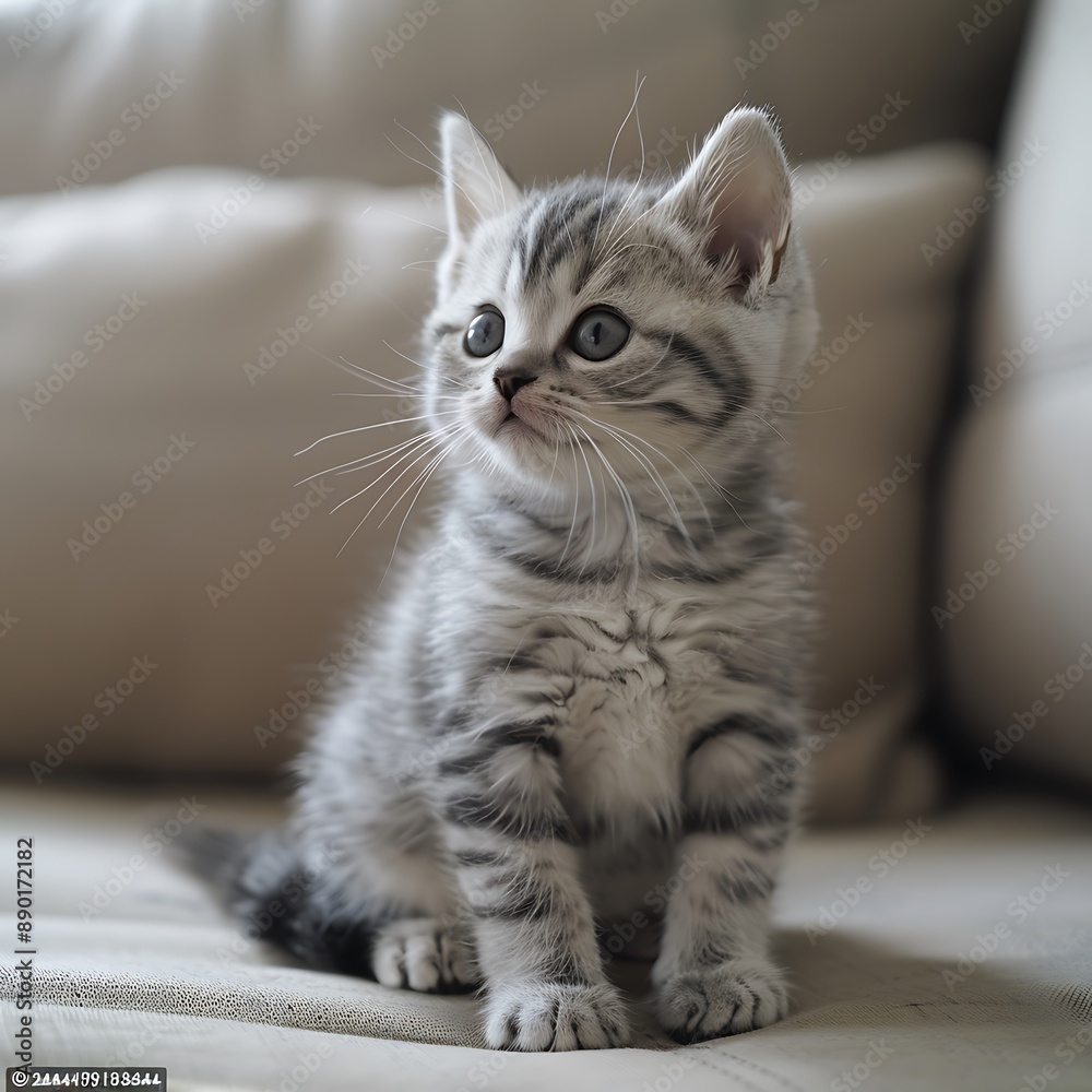 Obraz premium a animal of American shorthair kitten sitting on a living room background with space above for text 