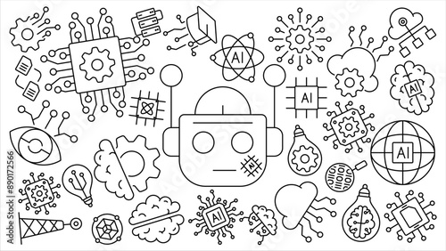 Vector doodle design collection of Artificial Intelligence technology line icons with editable stroke