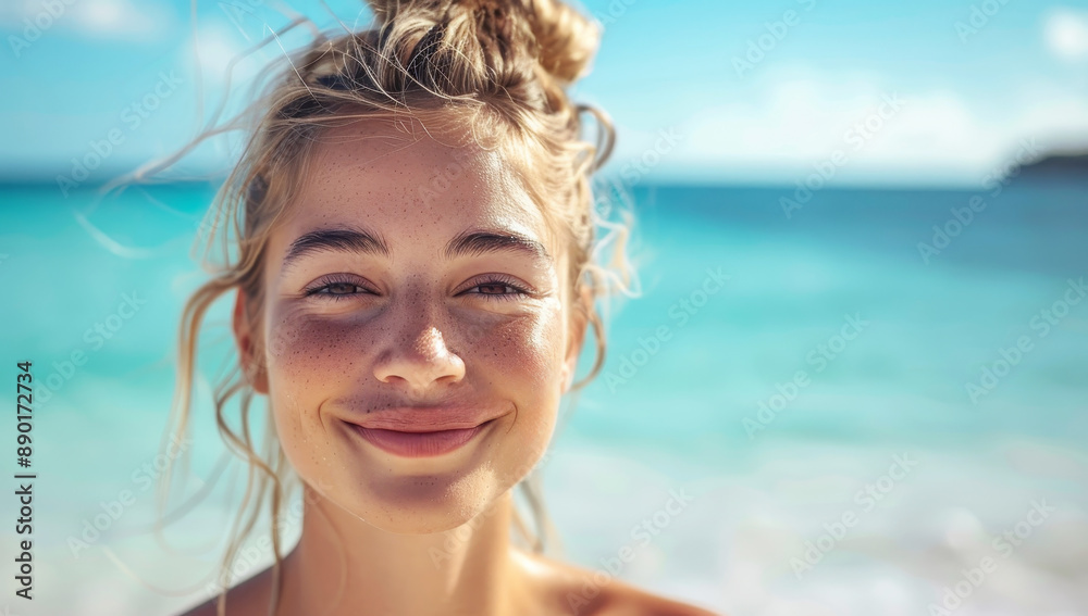 Beautiful woman smiling at the camera on a sunny beach day Beautiful woman smiling at the camera on a sunny beach day