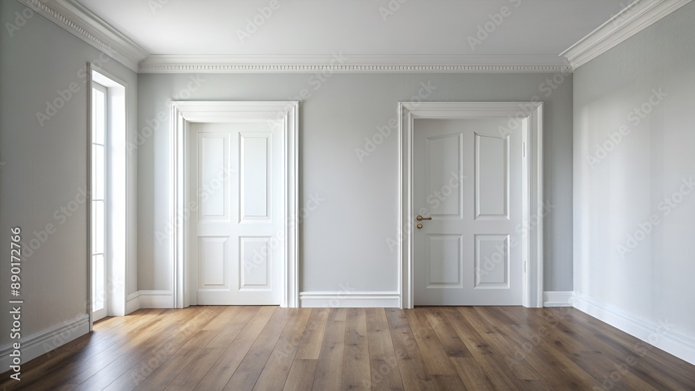 Empty Room with White Doors. Empty Room with Warm Wood Floors Empty Room with White Doors. Empty Room with Warm Wood Floors