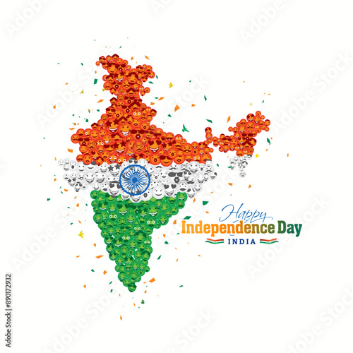 Happy independence day of india. freedom celebration concept. Tricolor map of india made with happy human face.