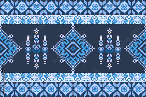 Cross Stitch pattern with Floral Designs. Traditional cross stitch needlework. Geometric Ethnic pattern, Embroidery, Textile ornamentation, fabric, Hand stitched pattern, Cultural stitching pixel art.