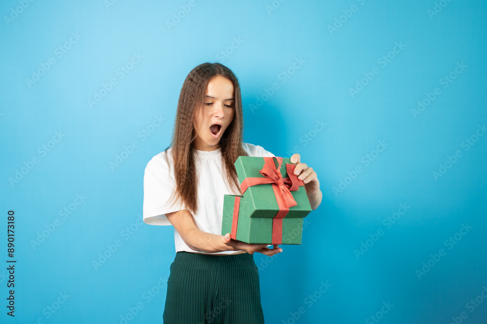 Present box, teenage girl with gift, valentine surprise, holiday event with happy teen Present box, teenage girl with gift, valentine surprise, holiday event with happy teen