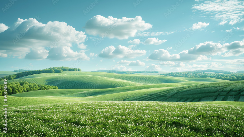 Fototapeta premium Serene countryside landscape with lush rolling fields under a blue sky with fluffy clouds