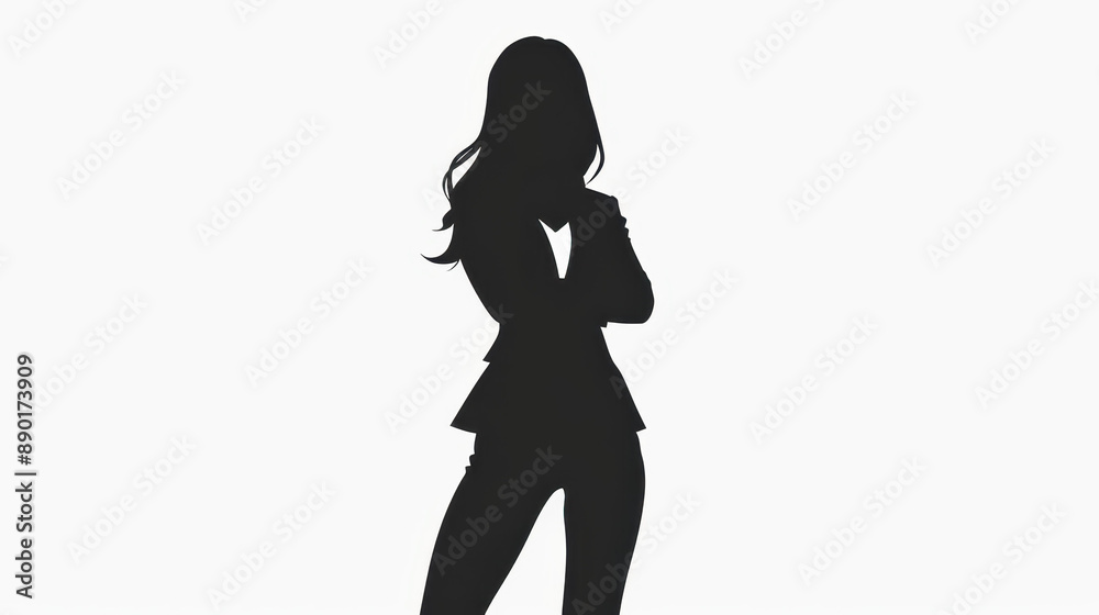 Elegant silhouette of woman in business attire with crossed arms on white backdrop. Sophisticated and stylish pose. Elegant silhouette of woman in business attire with crossed arms on white backdrop. Sophisticated and stylish pose.
