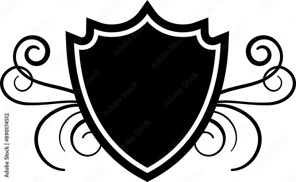 Black & white shield emblem with floral decoration Black & white shield emblem with floral decoration