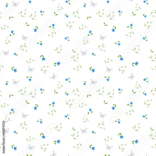 Seamless floral pattern. Watercolor illustration. Botanical illustration. Blue flowers and green twigs and leaves. Forget-me-nots. The flowers are highlighted on the background. Cute baby pictures