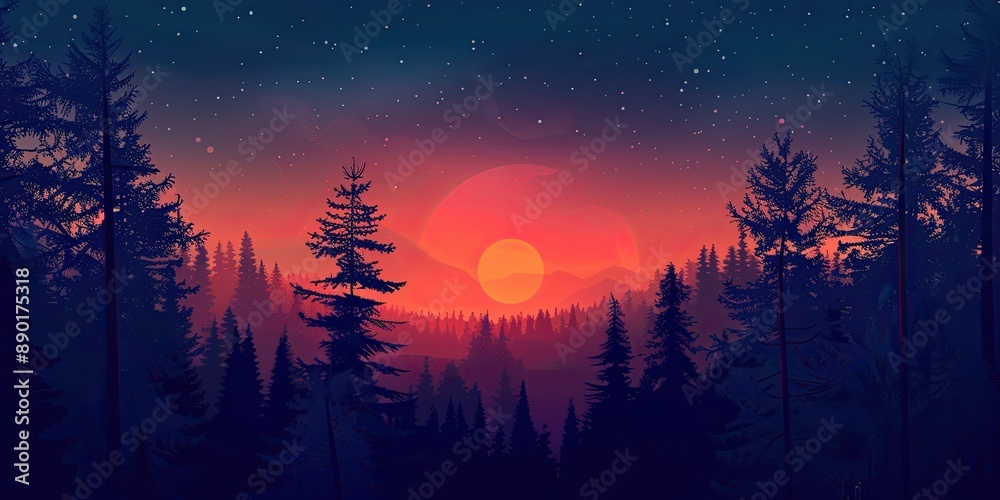 Naklejka premium Vibrant Sunset Over Silhouetted Pine Forest
