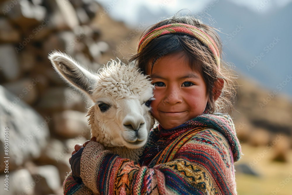 portrait young smiling girl hugging a white baby llama in mountains portrait young smiling girl hugging a white baby llama in mountains