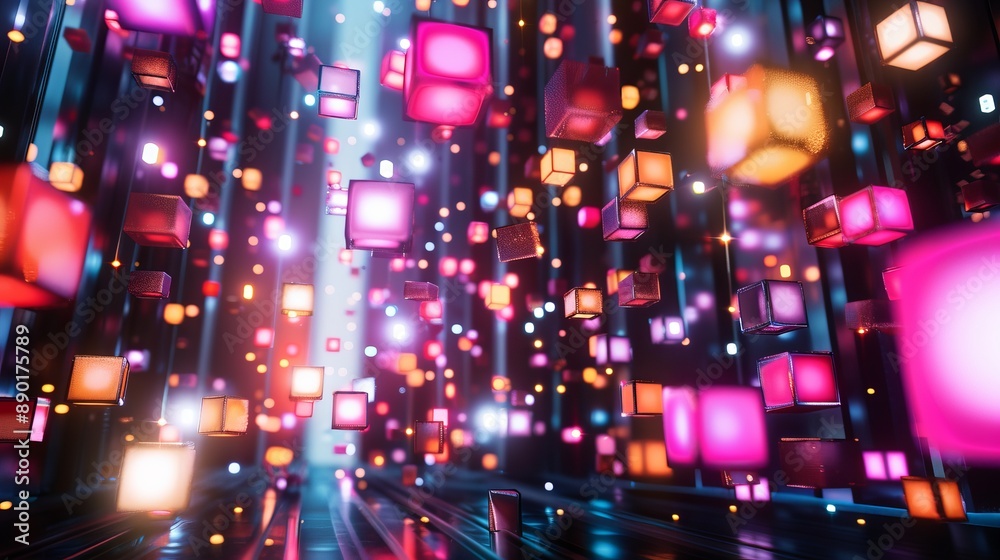 Obraz premium Neon Cubes Falling Through Digital Space