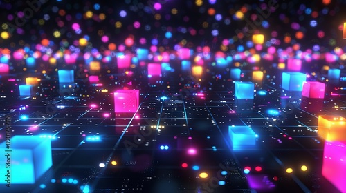 Wallpaper Mural Neon Cubes On Grid Torontodigital.ca