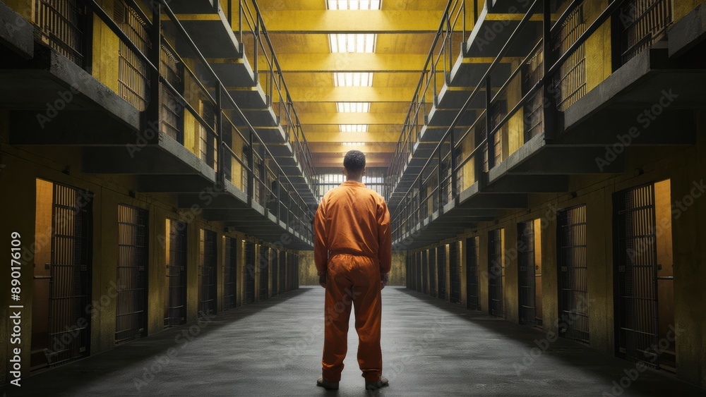 A man in orange jumpsuit standing alone inside a prison cell, AI A man in orange jumpsuit standing alone inside a prison cell, AI