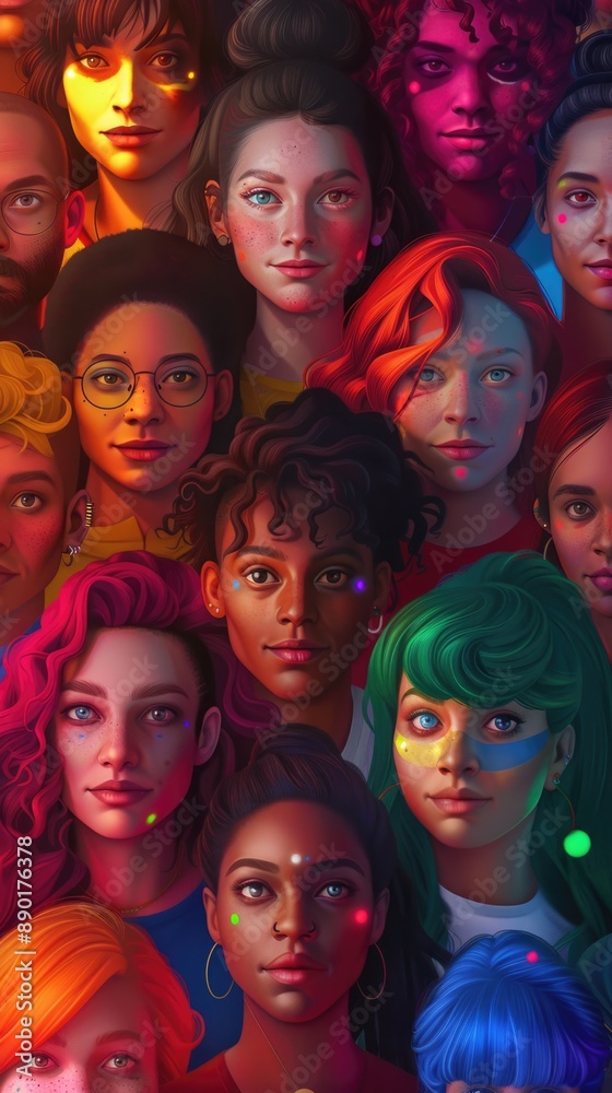 Diverse Group of People with Vibrant Neon Lighting Diverse Group of People with Vibrant Neon Lighting