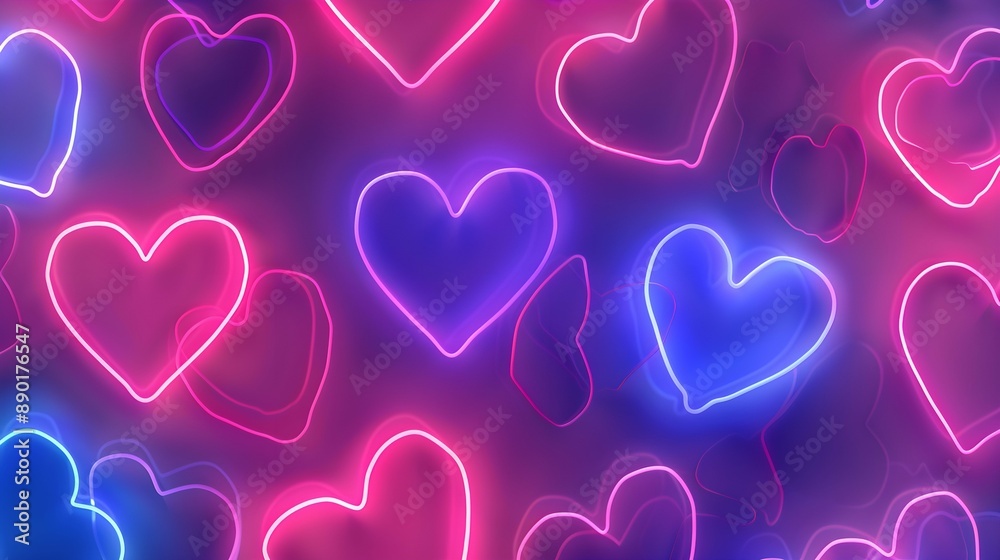 A background of neon lights in the shape of hearts, creating an energetic and vibrant atmosphere for Valentine's Day. A background of neon lights in the shape of hearts, creating an energetic and vibrant atmosphere for Valentine's Day.