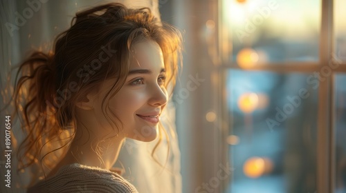 Side profile close-up of a smiling woman looking out the window, a positive image of beauty Free Download Side profile close-up of a smiling woman looking out the window, a positive image of beauty - GFXLoad