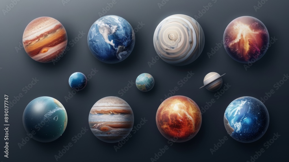 Collection of colorful planets and celestial bodies set against a dark background, showcasing unique atmospheric patterns and textures. Collection of colorful planets and celestial bodies set against a dark background, showcasing unique atmospheric patterns and textures.