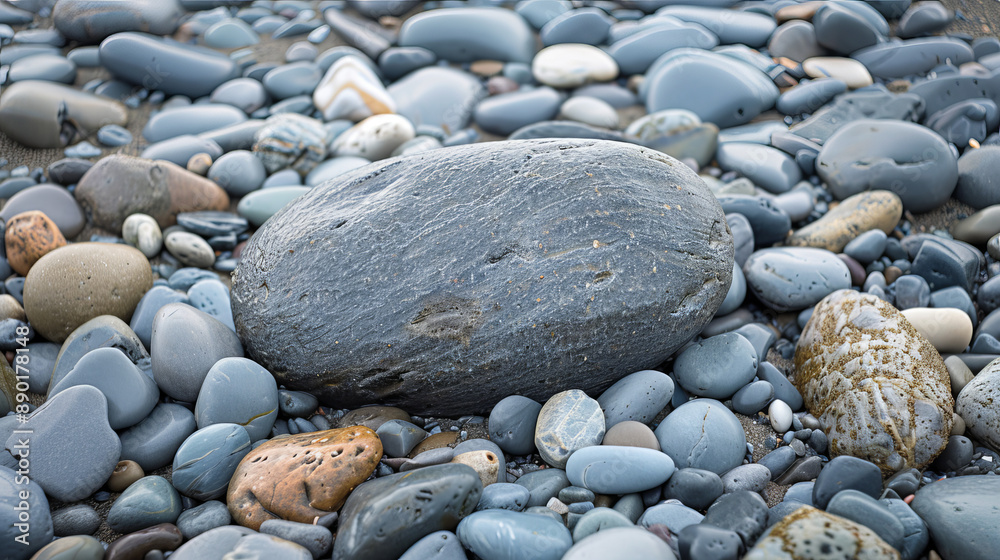 On a pebble beach, there's a big gray rock surrounded by stones and pebbles of different sizes. It's a British beach where you can find smooth rocks and pebbles perfect for skimming. On a pebble beach, there's a big gray rock surrounded by stones and pebbles of different sizes. It's a British beach where you can find smooth rocks and pebbles perfect for skimming.