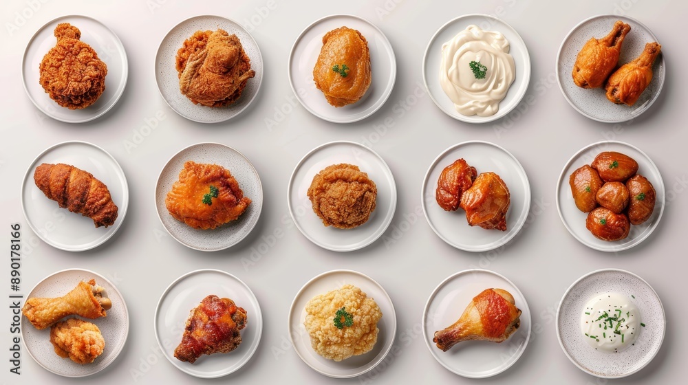 A variety of delicious fried chicken dishes and sides arranged on white plates, showcasing different cooking styles and accompaniments.