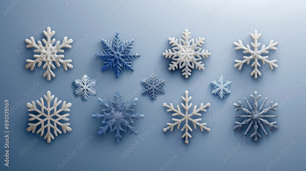 A variety of intricate blue and white snowflakes on a light blue background, showcasing unique and delicate winter designs. A variety of intricate blue and white snowflakes on a light blue background, showcasing unique and delicate winter designs.
