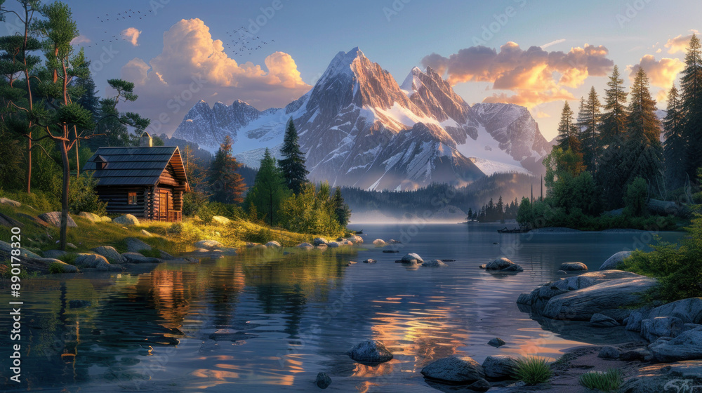 Peaceful evening by a secluded mountain lake. A log cabin stands quietly in the background, bathed in the golden glow of the setting sun. Peaceful evening by a secluded mountain lake. A log cabin stands quietly in the background, bathed in the golden glow of the setting sun.