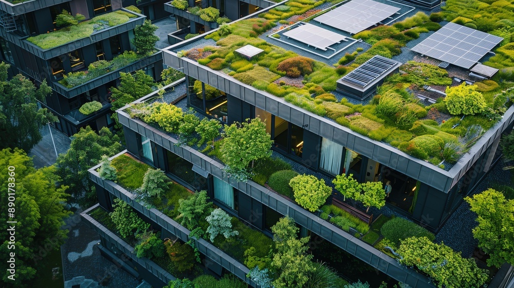 Modern Eco-Friendly Building with Green Roofs and Solar Panels in Urban Environment Modern Eco-Friendly Building with Green Roofs and Solar Panels in Urban Environment