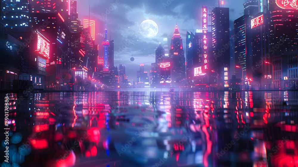 Night city in the light of the moon and neon lights Night city in the light of the moon and neon lights