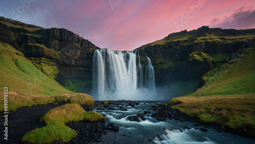 waterfall in the mountains, Beautiful natural waterfall view, located in hiding. Beautiful autumn landscape with yellow trees and waterfall