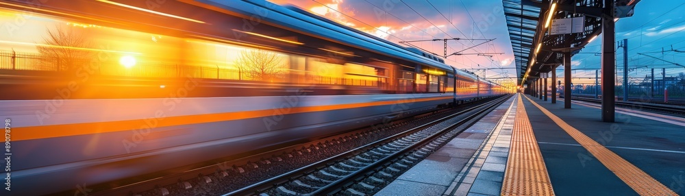High-Speed Train Passing Through Modern Railway Station at Sunset High-Speed Train Passing Through Modern Railway Station at Sunset