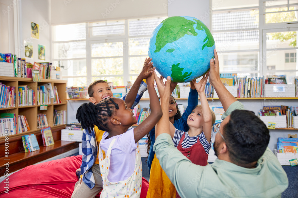 Photo & Art Print School children with teacher holding earth model in a ...