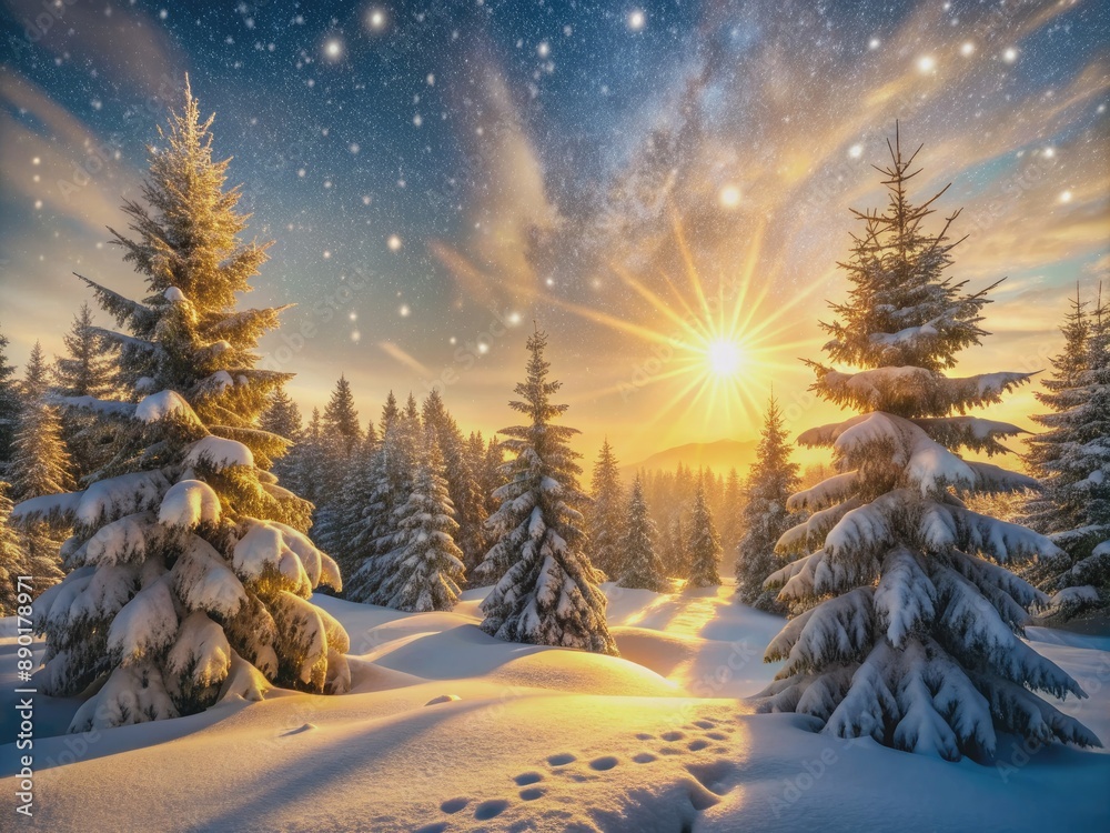Winter wonderland scene with swirling snowflakes, softly illuminated by warm golden light, enveloping snow-covered evergreen trees in a serene, mystical atmosphere. Winter wonderland scene with swirling snowflakes, softly illuminated by warm golden light, enveloping snow-covered evergreen trees in a serene, mystical atmosphere.