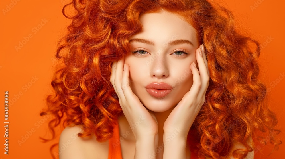 A woman with red hair is posing for a picture. She has a smile on her face and is holding her hands together. The orange background adds a warm and inviting atmosphere to the photo A woman with red hair is posing for a picture. She has a smile on her face and is holding her hands together. The orange background adds a warm and inviting atmosphere to the photo