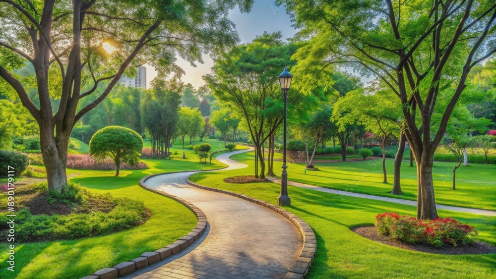 Serene park scenery with lush greenery and winding paths, evoking a sense of freedom and wellness, perfect for depicting outdoor exercise and healthy living. Serene park scenery with lush greenery and winding paths, evoking a sense of freedom and wellness, perfect for depicting outdoor exercise and healthy living.