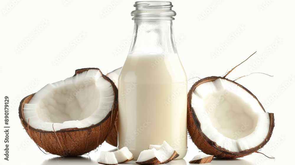 Bottle of milk with a whole coconut and a slice of coconut, isolated on a white background.