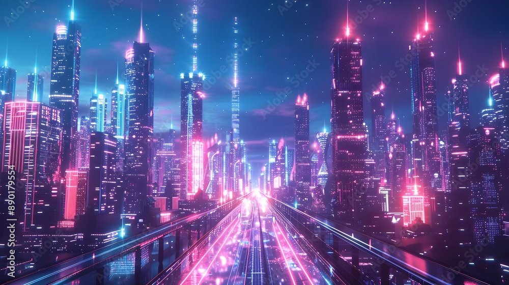 Naklejka premium Futuristic Metropolis at Night with Glowing Neon Lights and Advanced Infrastructure