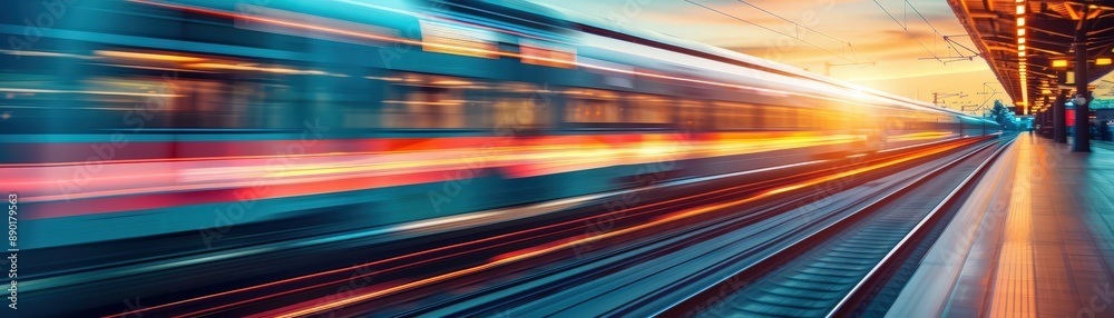 High-Speed Train in Motion at Sunset Captured at a Modern Train Station High-Speed Train in Motion at Sunset Captured at a Modern Train Station