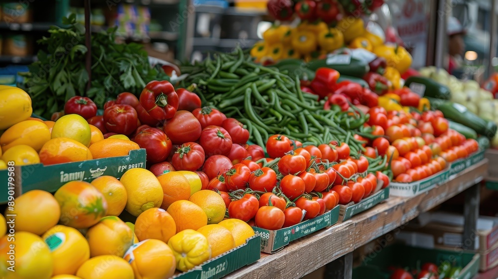 Fresh vegetables on display at a local farmers market. Vibrant tomatoes, peppers, and beans create a colorful and healthy scene. Fresh vegetables on display at a local farmers market. Vibrant tomatoes, peppers, and beans create a colorful and healthy scene.