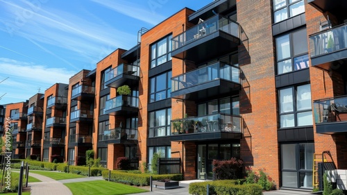 Modern apartment complex with red brick facade and balconies, surrounded by green lawns and pathways on a sunny day. © Kanin