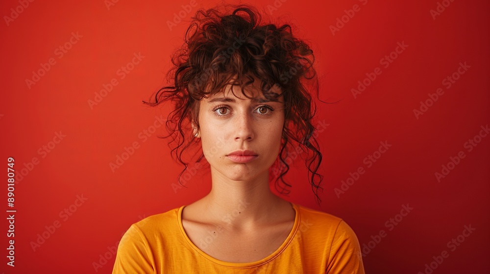 Woman With Curly Hair Posing Against Red Background Woman With Curly Hair Posing Against Red Background