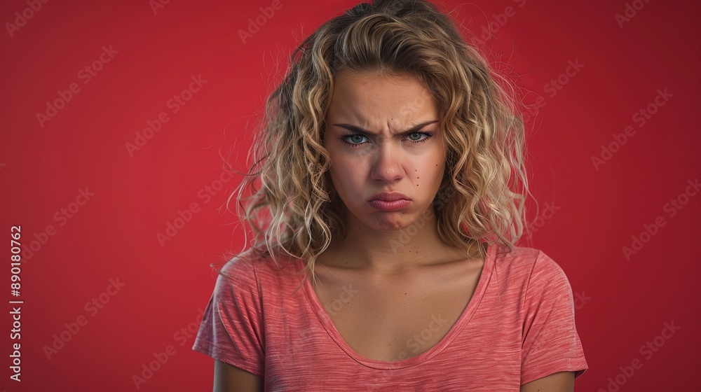 Woman With Blonde Curly Hair Frowning Against Red Background Woman With Blonde Curly Hair Frowning Against Red Background